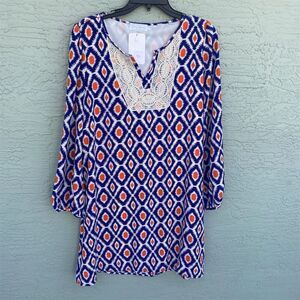Women's Multicolor Geometric Tunic Dress L Knee Length Long Sleeve